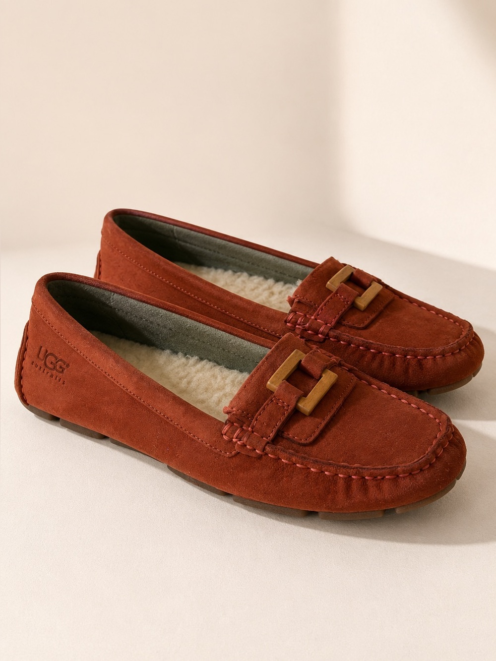 UGG Australia Ansley Shearling Driving Loafers Rust Suede Moccasins W Size 9